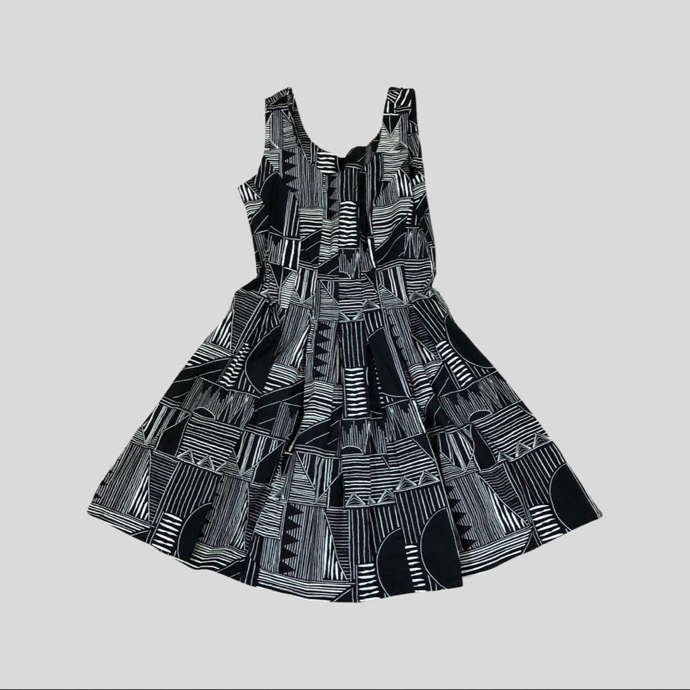 Nooworks Mini Pleated Dress  Black White Geometric Fit Flare USA Made Medium